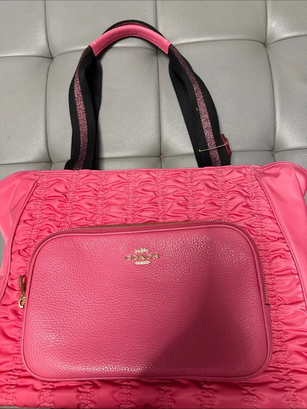 Coach Pink Quilted Tote Bag with Front Zip Pocket